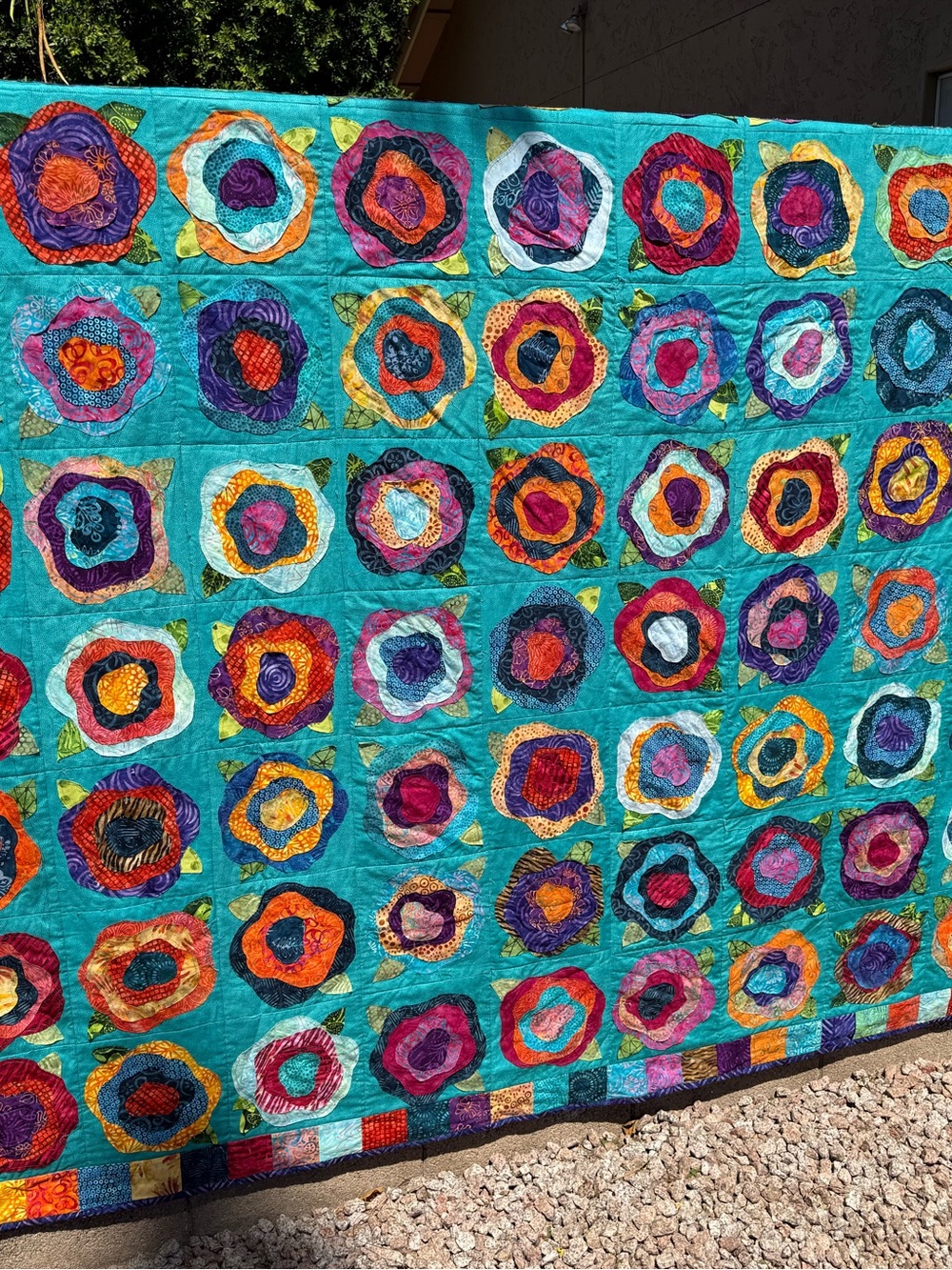 Handmade Artisan Floral Applique Quilt in Teal and Bright Multicolors King Size.